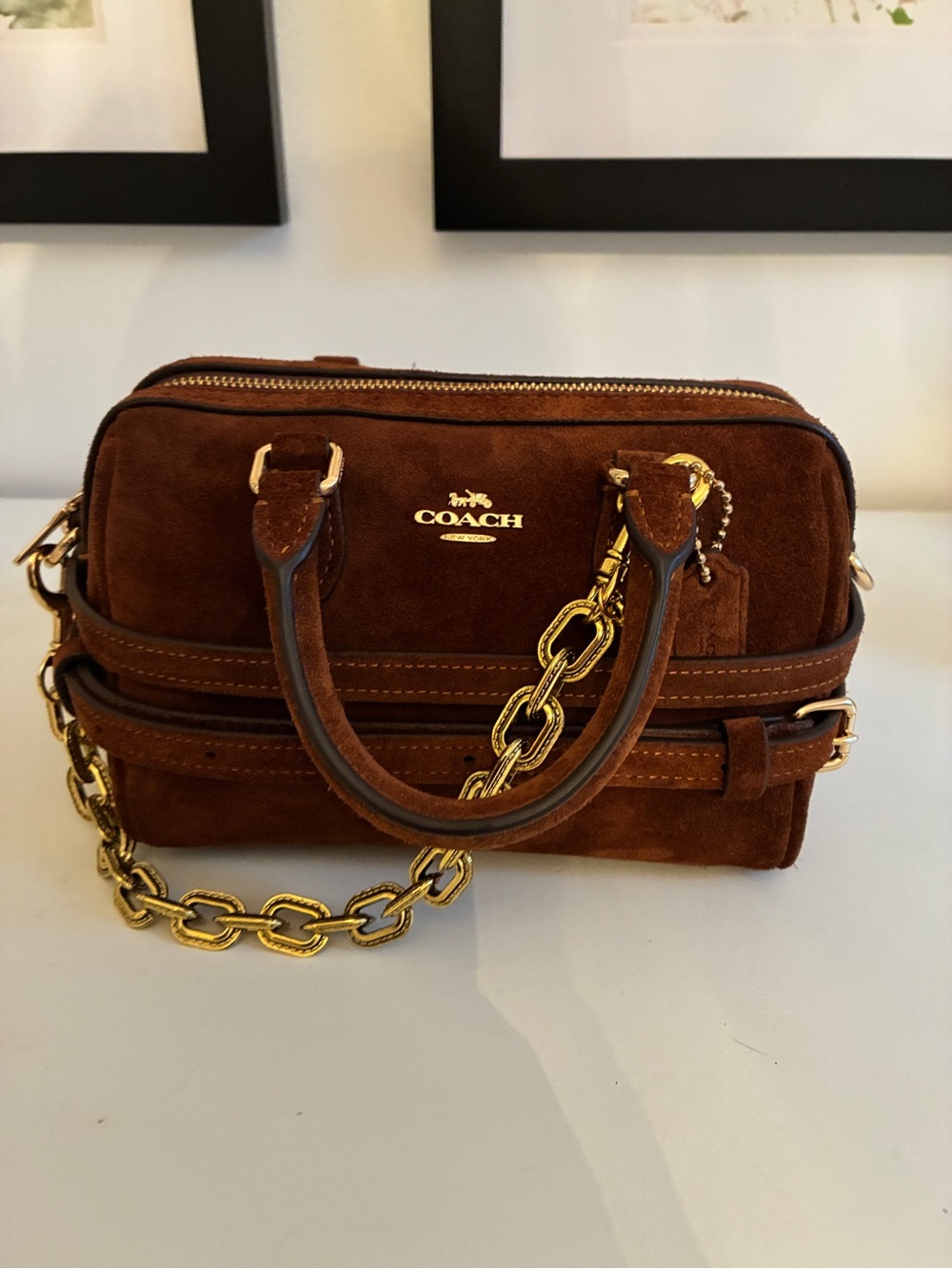 Coach Suede Crossbody Satchel in Brown with Gold Hardware (mini)